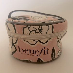 Vintage Benefit cosmetic bag pink zippered floral fabric round